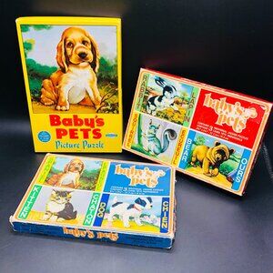 Vintage 60s BABY'S PETS Assorted Jigsaw Puzzles LOT of 3 box: Animals Words